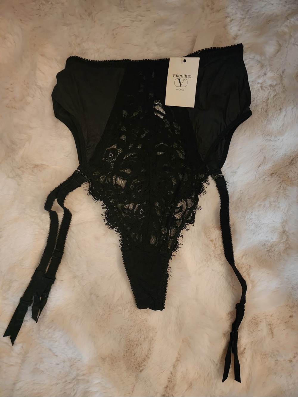 Valentino Black Lace Garter Thong with Floral Appliqué